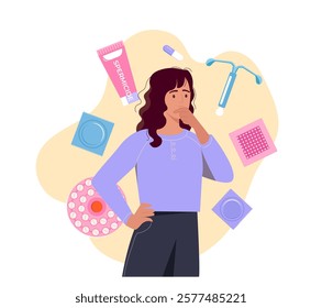 A thoughtful woman stands surrounded by contraceptive options, including condoms, pills, IUDs, and spermicide, on a soft yellow background. Concept of family planning. Vector illustration