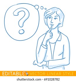 Thoughtful woman suppose. Hand near the face. Editable line sketch. Stock vector illustration.