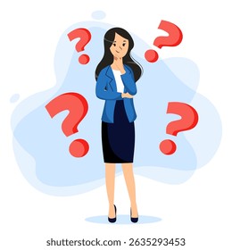 Thoughtful woman surrounded by red question marks. Vector flat cartoon thinks female character illustration isolated on white background. Business idea, problem of choice, query concept