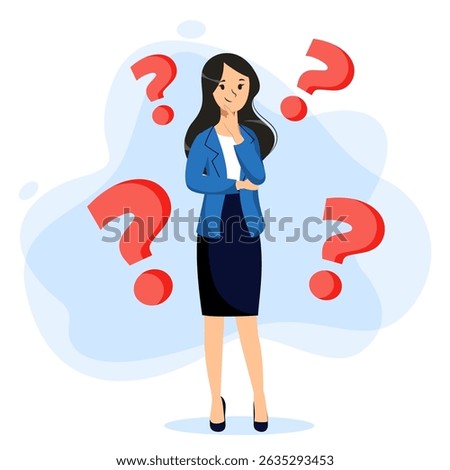 Thoughtful woman surrounded by red question marks. Vector flat cartoon thinks female character illustration isolated on white background. Business idea, problem of choice, query concept