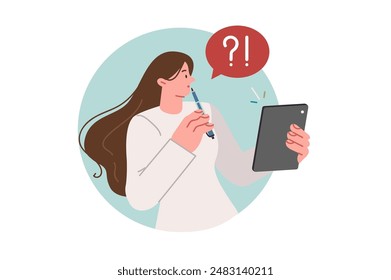 Thoughtful woman with tablet computer takes online test or fills out form on university website. Girl student studying distance learning in college is thinking about answer for digital test.