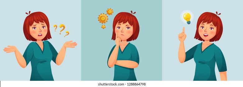 Thoughtful woman. Thinking female ask questions, confused thought or doubt and found question answer. Disappointed contemplating expression face, woman have an idea cartoon vector illustration