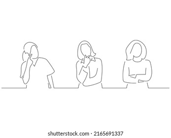 Thoughtful women in line art drawing style. Composition of three persons. Black linear sketch isolated on white background. Vector illustration design.