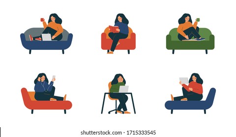 Thoughtful women working and relax at home. Happy girl sitting and resting, listening to music, reading a book, and using a laptop on the sofa in various positions. Vector illustration in flat style.