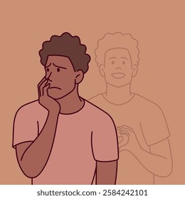 Thoughtful young Black man with short curly hair and a faint joyful version of himself in the background.