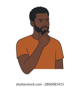 Thoughtful young black man touching chin thinking deeply and pondering illustration vector set.