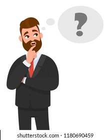 Thoughtful young business man thinking. Question mark icon in thought bubble. Emotion and body language concept in cartoon style vector illustration.