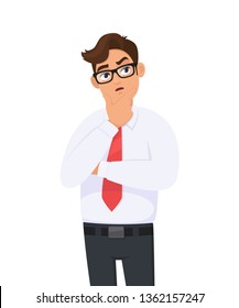 Thoughtful young business man is thinking with crossed arm, holding hand on chin and musing while looking up. Human emotion, facial expression, feeling concept illustration in vector cartoon style.