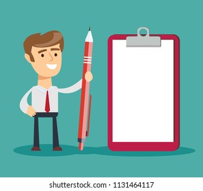 Thoughtful young businessman with pencil and paper over background. Stock flat vector illustration.