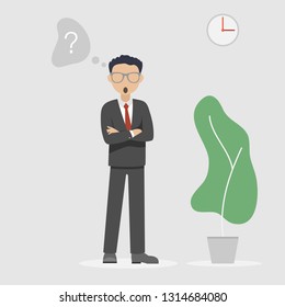 Thoughtful young businessman thinking something. Crossed arms, body language concept. Vector isolated illustration