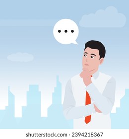 Thoughtful young employee thinking and holding finger on face. Light bulb in the thought bubble. Male character  with blue sky and building design illustration