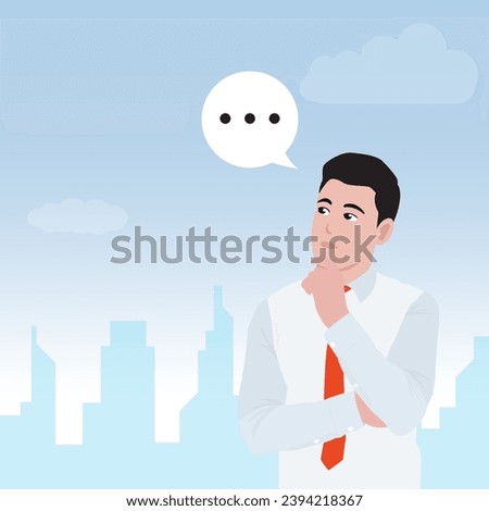 Thoughtful young employee thinking and holding finger on face. Light bulb in the thought bubble. Male character  with blue sky and building design illustration