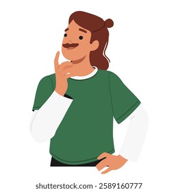 Thoughtful young hipster man character pondering searching solution, brainstorming or remembering important information gesturing puzzled hand sign vector illustration. Pensive people portrait