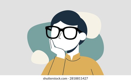 Thoughtful young intellectual man with glasses holding his chin in a deep thinking pose against abstract shapes.