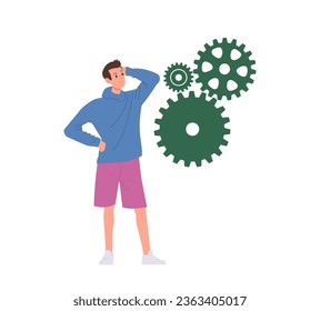 Thoughtful young man brainstorming looking at cogwheels gear mechanism thinking about trouble