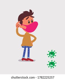 Thoughtful  young man dressed casually with mask and virus COVID scratching his head