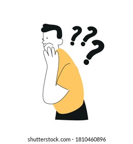 Un joven reflexivo con una mano en la barbilla, pensando en una pregunta. Pregunta, concepto de pensamiento, lluvia de ideas. Resolver un problema, buscando ideas. Ilustración vectorial simple