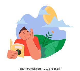 Un encantador joven leyendo un libro en verano. Retrato de hombre moderno con libro sobre el fondo del paisaje veraniego. Ilustración vectorial plana