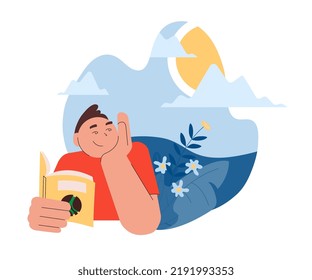 Thoughtful young man reading book in summer. Portrait of student with book on blue background of landscape. Flat vector illustration