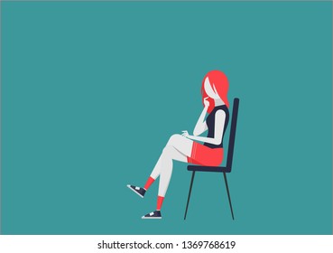 thoughtful young woman sitting on the chair and doing something. arms, legs and head of the character can move and change the position