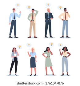 Thoughtfull business people set. Woman and man thinking in search of solutions to problem. Brooding person. Isolated vector illustration in cartoon style