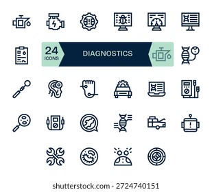 Un conjunto cuidadosamente seleccionado de 24 íconos de Bold Line que expresan diagnósticos, ideal para operaciones de diseño.