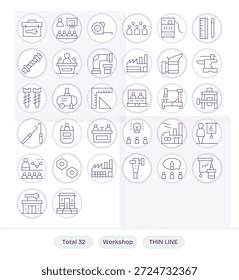 Un conjunto cuidadosamente seleccionado de 32 iconos de líneas finas que expresan Workshop, ideal para operaciones de diseño.