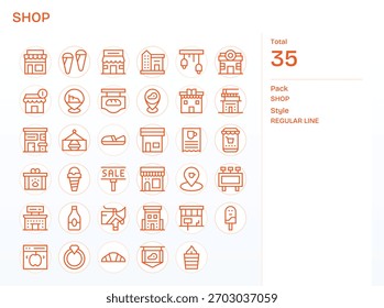 Un conjunto cuidadosamente seleccionado de 35 iconos de línea regular que expresan Shop, ideal para operaciones de diseño.