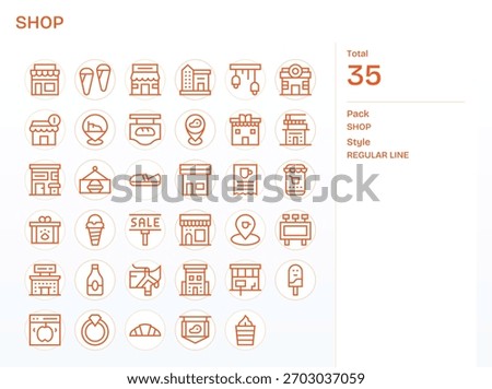 A thoughtfully curated set of 35 Regular Line icons expressing Shop, great for design ops.