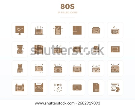 Thoughtfully designed 24 vector icons themed around 80S, crafted in SolidFill with 128x128 PIXEL perfect precision for contemporary design needs.