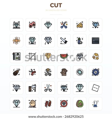 Thoughtfully designed 36 vector icons themed around Cut, crafted in LineFill with 128x128 PIXEL perfect precision for contemporary design needs.