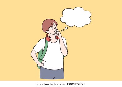 Thoughtfulness and thinking of ideas concept. Concentrated curious boy cartoon character standing touching his lips and looking ahead getting interesting idea vector illustration 