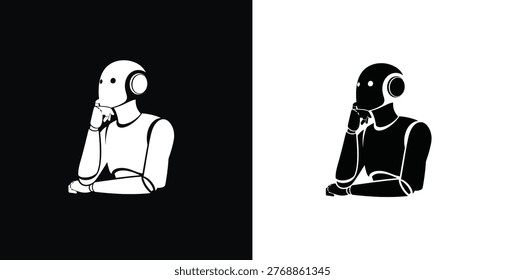 A thought-provoking illustration of two robots in contrasting black and white backgrounds