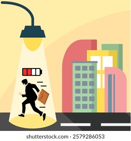 A thought-provoking vector illustration depicting an exhausted businessman under a streetlight, with a low battery icon symbolizing fatigue and burnout.