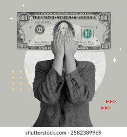 A thought-provoking vector illustration featuring a figure concealing their face with a 100-dollar bill, symbolizing financial identity and value, presented in a modern collage style.