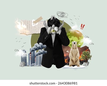 A thought-provoking Vector illustration showcasing the environmental crisis using symbolic elements like a polar bear and pollution.