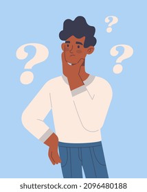 Thoughts about choice concept. Young confused man looking for answers to questions or solving problems. Thoughtful entrepreneur or employee finds solutions. Cartoon modern flat vector illustration