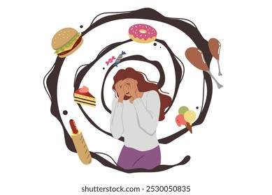 Thoughts about food cause fear and panic in woman with psychological disorder and fear of becoming fat. Addiction to fast food and unhealthy desserts or high-calorie sandwiches in girl in need of diet