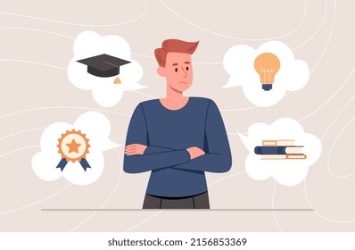 Thoughts about learning. Man builds his future picture, student determined with different areas. Student preparing to pass exam or pass diploma, dreams of graduation. Cartoon flat vector illustration