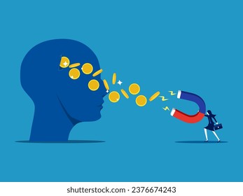 Thoughts about money. Businesswoman uses a magnet to suck money from a big head