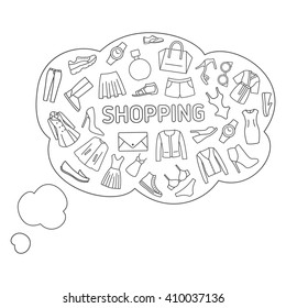 Thoughts about shopping. Thought bubbles about shopping, clothes, shoes, accessories. Line icons on a white background
