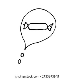 Pensamientos sobre dulces, comida. Líneas negras de garabato sobre un fondo blanco. Ilustración vectorial.