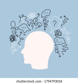 A lot of thoughts and chaos from mental disorder in the head. hand-drawn person suffering from depression. flat vector illustration