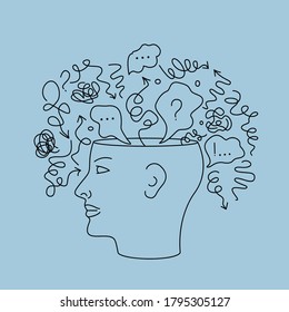 A lot of thoughts and chaos from mental disorder in the head. hand-drawn person suffering from depression. flat vector illustration