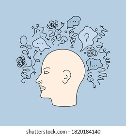 A lot of thoughts and chaos from mental disorder in the head. hand-drawn person suffering from depression. flat vector illustration