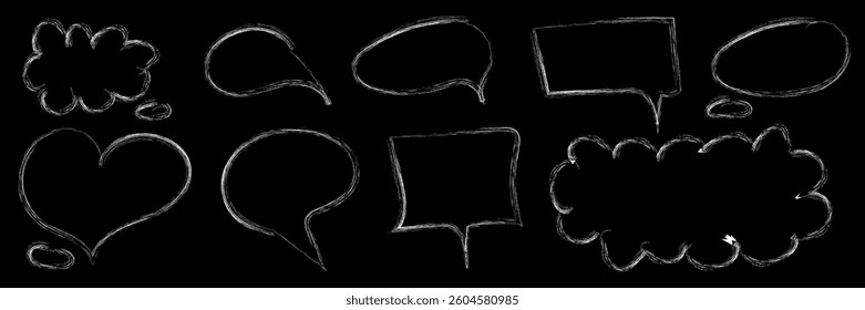 Thoughts, conversation, dialogues. Chalk drawing symbols. Brush drawn elements. Abstract objects sketch. Grunge shapes and figures. Marker texture. Brush drawn lines. Vector set