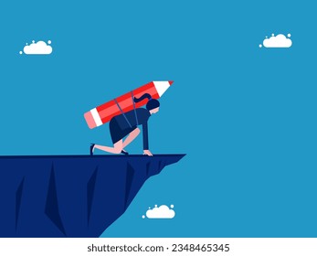 Thoughts develop and take risks. Businesswoman with pencil preparing to jump from high cliff 