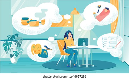 Thoughts Directed to Work and Household Chores. Girl Works and Thinks about Cooking Dinner, Buying Children's Clothes, her Young Child and Sign Contract with Client. She Sitting at Table in Kitchen.