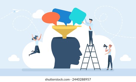 Thoughts enter the brain. Filtering different views and opinions of people. Training, education, tutoring. Businessman and woman with funnel filling a head with think bubbles. Vector illustration