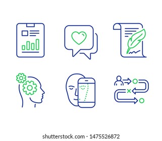 Thoughts, Feather and Report document line icons set. Face biometrics, Heart and Journey path signs. Business work, Copyright page, Page with charts. Facial recognition. Business set. Vector